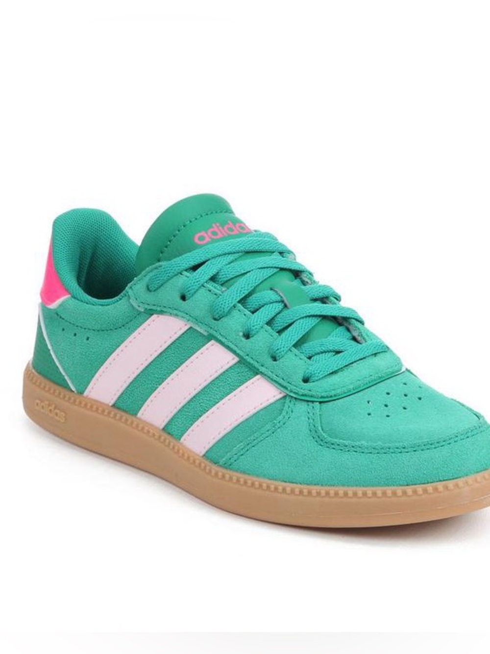 adidas Kids BREAKNET SLEEK J Teal Suede Sneaker with Pink Stripes - Picture 1 of 9